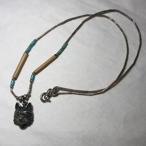 Liquid Silver Turquoise Wolf Head Necklace